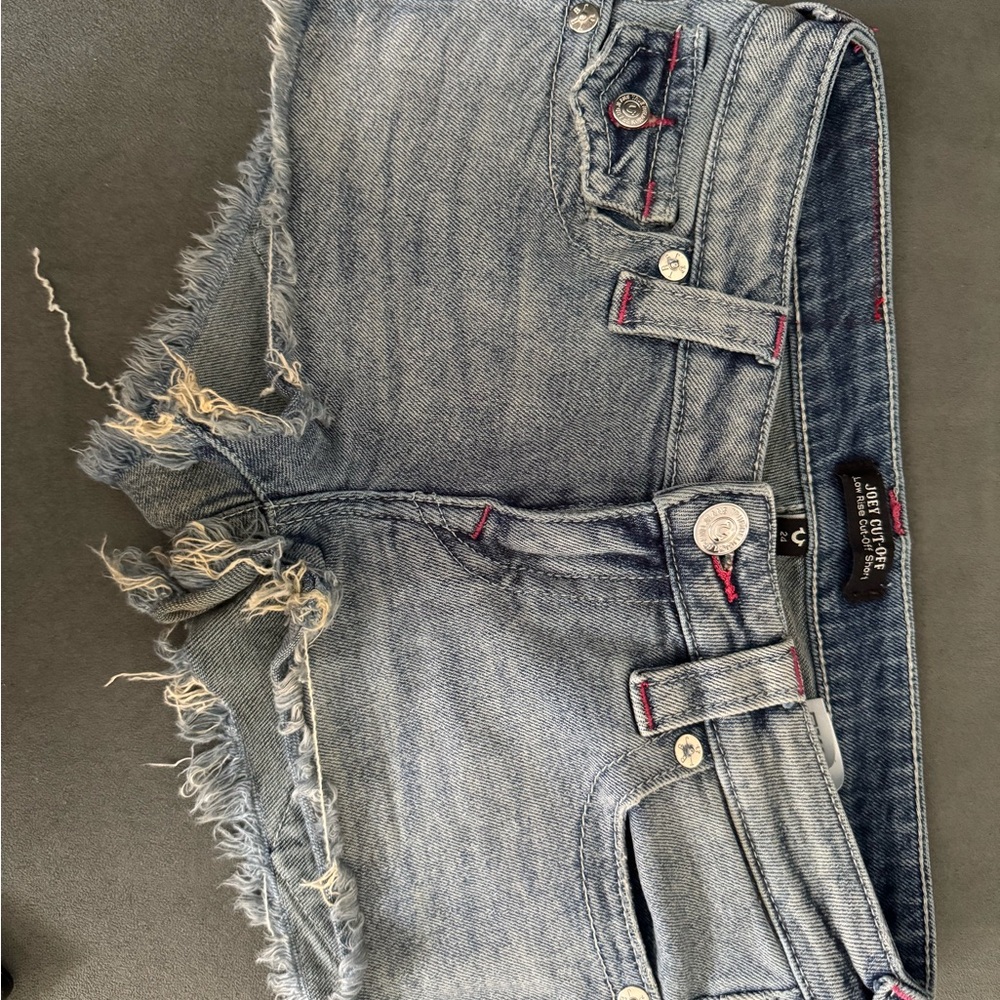 True Religion Low Rise Women's Distressed Blue Denim Shorts SIZE 24
